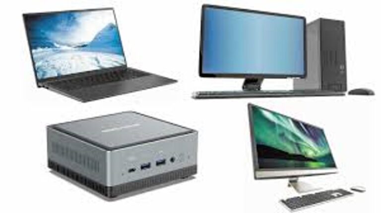 quatre ordinateur une deskTop un laptop un pc miniature et un écran ma